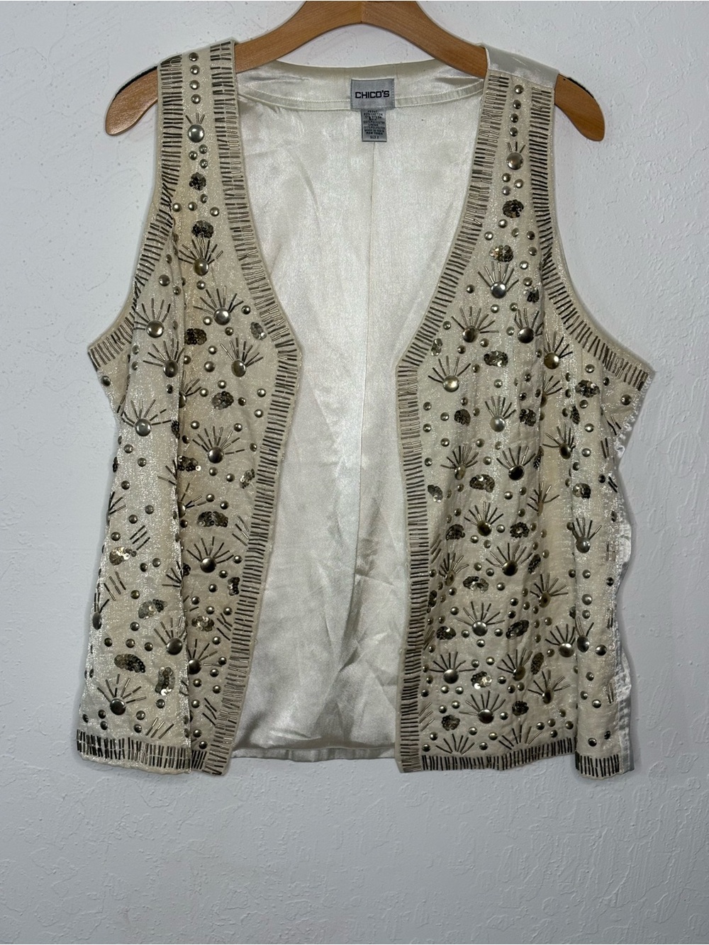 Chicos Beaded Sequin Vest Sz 2 Large Ivory Off White Shimmer Metallic Embellish